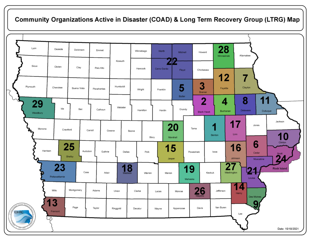 Image of the state of Iowa with active COAD/LTRG's