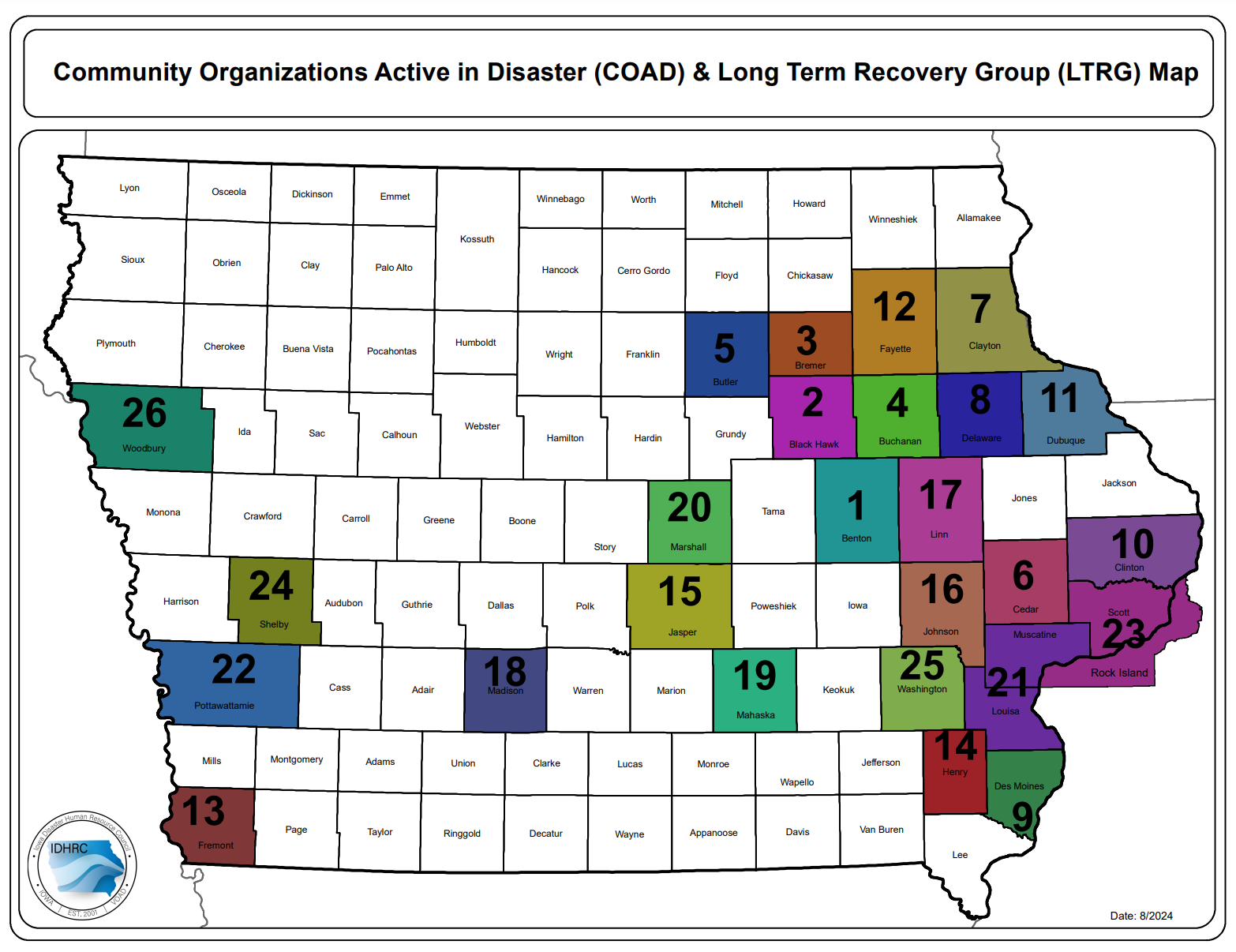Image of the state of Iowa with active COAD/LTRG's
